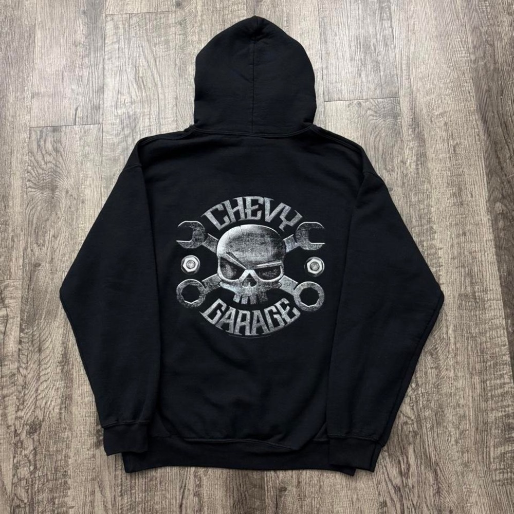 Chevy Garage Chevrolet Black Hoodie Wrench Skull Graphic Sz M
